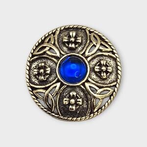 Miracle Celtic Medallion Brooch Blue Glass Cabochon Gold Tone Scottish Revival